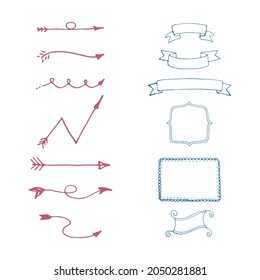 Collection of vector hand drawn decoration elements including ribbons, dividers, laurel wreaths, frames, arrows and floral elements. Doodle style