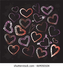 Collection of vector hand drawn decoration elements color hearts. Set for design, Valentine's Day, wedding, birthday, love, decor. Arrows, Cupid. Doodle simple style. Isolated object on black. Eps10. 