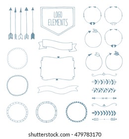 Collection of vector hand drawn decoration elements including ribbons, dividers, laurel wreaths, frames and floral elements. Doodle style