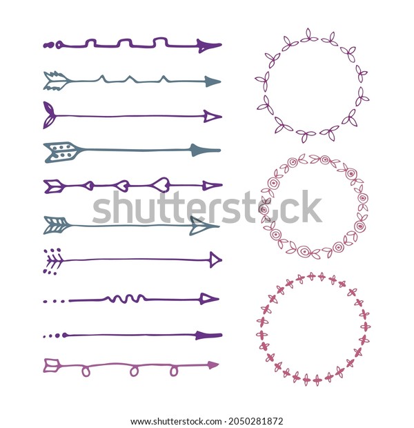 Collection of vector hand drawn decoration\
elements including ribbons, dividers, laurel wreaths, frames,\
arrows and floral elements. Doodle\
style
