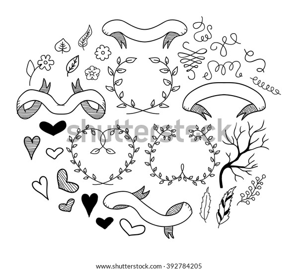 Collection of vector hand drawn decoration elements\
including ribbons, dividers, laurel wreaths, frames and floral.\
Doodle style. Isolated object on white. Swirls,leaves, branches,\
banners and curls. 