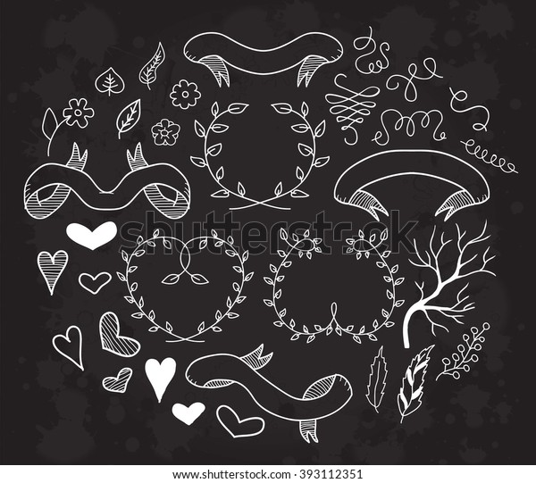 Collection of vector hand drawn decoration elements\
including ribbons, dividers, laurel wreaths, frames and floral.\
Doodle style. Isolated object on white. Swirls,leaves, branches,\
banners and curls. 