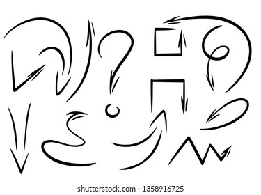 Collection of vector hand drawn doodle arrows isolated on white background.