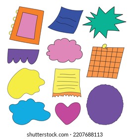 Colección de cuadro de doodle dibujado a mano vectorial, bloques, blanco, marco de burbuja. Pegatinas de los vectores. Conjunto diverso e hippie de elementos para el diario, el diseño digital y la creación de historias web