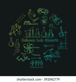Colección de objetos de laboratorio de ciencia doodle dibujados a mano de Vector. Regreso a la escuela. Ilustración vectorial. Útil para Tarjetas de regalo, embalaje, diseño y decoración de interiores.
