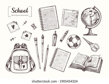 Collection of vector hand drawn elements Back to school. Education. Office. Stationery. Graduation. Teachers day. Sketch in doodle style. Notepad, school backpack, soccer ball, marker, sticker, book