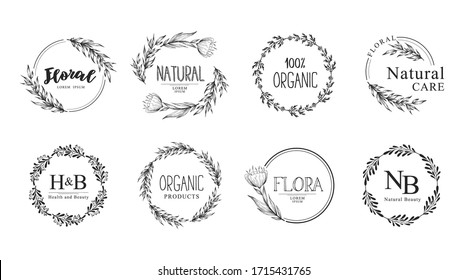 Collection of vector hand drawn floral logo templates with branches and flowers. Natural organic design concept with wreaths, frames and borders