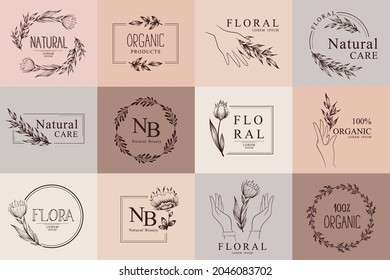 Collection of vector hand drawn floral logo templates with hands, flowers, leaves and branches in natural colors. Elegant design concept with frames, wreaths and borders
