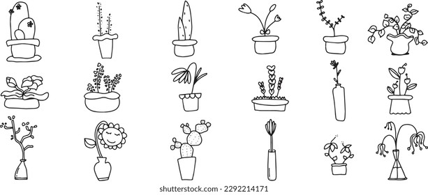 Collection of vector hand drawn floral doodle elements: flowers, herbs, branches, leaves. Set of graphic botanical decorative design elements in simple and minimal style on white background.
