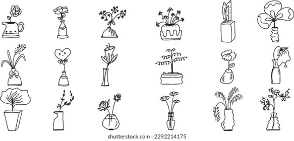 Collection of vector hand drawn floral doodle elements: flowers, herbs, branches, leaves. Set of graphic botanical decorative design elements in simple and minimal style on white background.