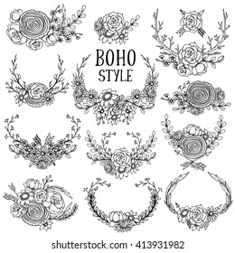 Collection of vector hand drawn floral elements in boho style: leaves, flowers, branches and wreathes with arrows