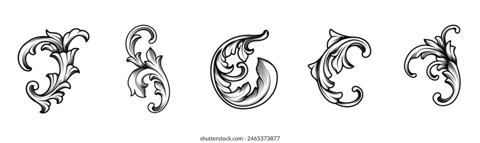 Collection of vector hand drawn flourishes, baroque ornament, swirl, filigree border vintage engraved element for design