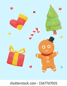 Collection of vector hand drawn Happy New Year and Merry Christmas decorative elements. cute ginger. christmas tree. gift. candy