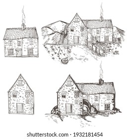 Collection of vector hand drawn houses, village vintage farm buildings