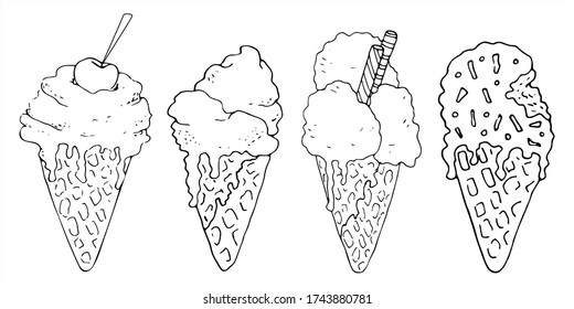 Collection of vector hand drawn ice cream with waffle cones in doodle style. Summer's dessert. Black and white. Can use for menu, greeting card, websites, poster, product design.