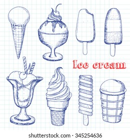 Collection of  vector hand drawn ice cream. Can be used in restaurant menu, cooking books and labels.