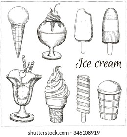 Collection of  vector hand drawn ice cream. Can be used in restaurant menu, cooking books and labels.