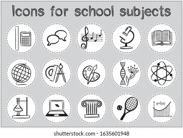 Collection of vector hand drawn icons of education. Natural and mathematical science, additional education, tutorship, freelance, sport and art. Set of black and white symbols for web and apps.