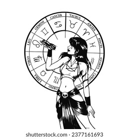 Collection of vector hand drawn illustration or silhouette of monochrome art of astrological sign and beauty women. Zodiac symbol art.
