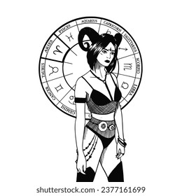 Colección de ilustración o silueta de vectores de arte monocromo de señas astrológicas y mujeres de belleza. Símbolo zodiaco arte.