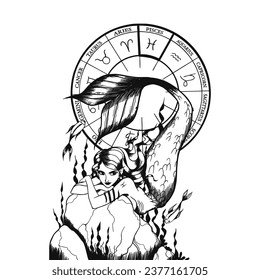 Colección de ilustración o silueta de vectores de arte monocromo de señas astrológicas y mujeres de belleza. Símbolo zodiaco arte.