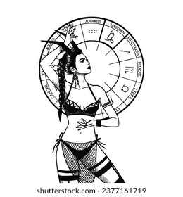 Collection of vector hand drawn illustration or silhouette of monochrome art of astrological sign and beauty women. Zodiac symbol art.