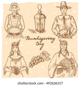 Collection of vector hand drawn illustrations of native american man and woman with vintage Thanksgiving elements.