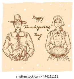 Collection of vector hand drawn illustrations of the pilgrim with roasted turkey, pilgrim wife with pumpkin pie.Thanksgiving Day set in vintage style with smiling man holding turkey and girl with pie.