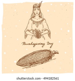 Collection of vector hand drawn illustrations of the smiling native american woman with corn and text Happy Thanksgiving Day.Thanksgiving Day set in vintage style of the american girl with maize.