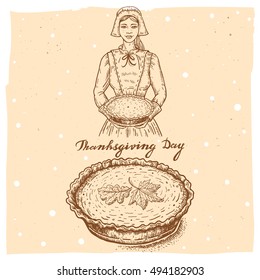 Collection of vector hand drawn illustrations of the smiling pilgrim wife with pumpkin pie and text Happy Thanksgiving Day.Thanksgiving Day set in vintage style of the pilgrim woman in dress with pie.