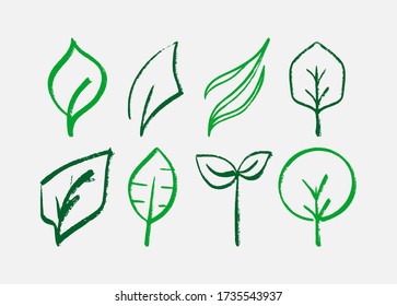 Collection of vector hand drawn leaves, green leaf icons, sketches and doodles illustration, line art