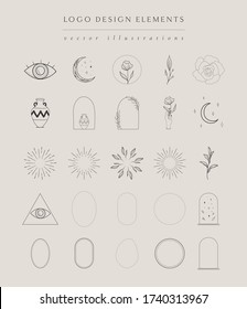 Collection of vector hand drawn logo design elements, geometric frames, borders, detailed decorative illustrations and icons for various ocasions and purposes. Trendy Line drawing, lineart style