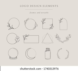 Collection of vector hand drawn logo design elements, geometric floral frames, borders, wreaths, detailed decorative illustrations. Trendy Line drawing, lineart style