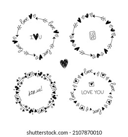Collection of vector hand drawn logo design elements, round frames with love lettering, hearts and arrows. Trendy line doodle drawing style for Valentine's day and wedding