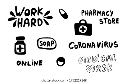 Collection of vector hand drawn medicine illustrations. Handwritten lettering pharmacy store text. Doddle first aid kit, tablet and pill icons