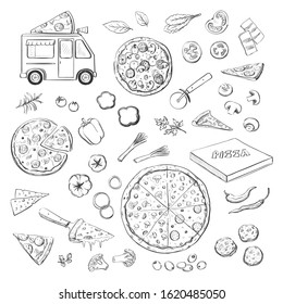 Collection of vector hand drawn pizza and pizza ingredients