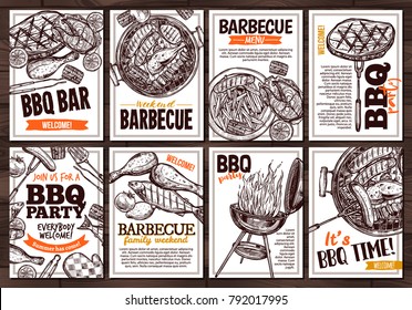 Collection Of Vector Hand Drawn Posters With Grilled Food, Sausages, Chicken, French Fries, Steaks, Fish, BBQ Bar And Party Welcome. Set Of Monochrome Sketch Cards With Typographic