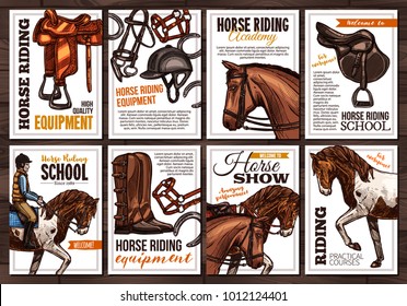 Collection of vector hand drawn posterss for horse riding, school, lessons, equestrian club or academy, horseback equipment. Cards with sketch illustrations with typography