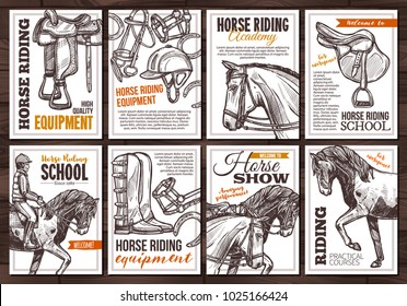 Collection of vector hand drawn posterss for horse riding, school, lessons, equestrian club or academy, horseback equipment. Monochrome cards with sketch illustrations with typography