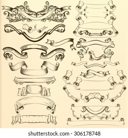 Collection of vector hand drawn ribbons in antique style for design
