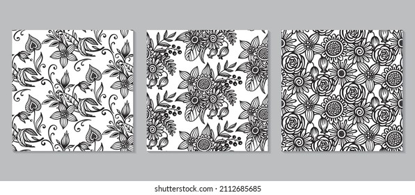 Collection of vector hand drawn seamless patterns with flowers and leaves. Romantic floral endless backgrounds.