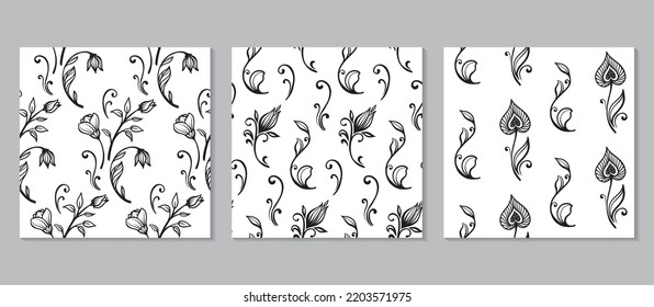 Collection of vector hand drawn seamless patterns with flowers and leaves. Romantic floral endless backgrounds.