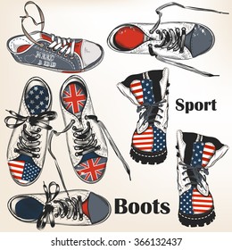 Collection of vector hand drawn sport boots with USA and British flags for design