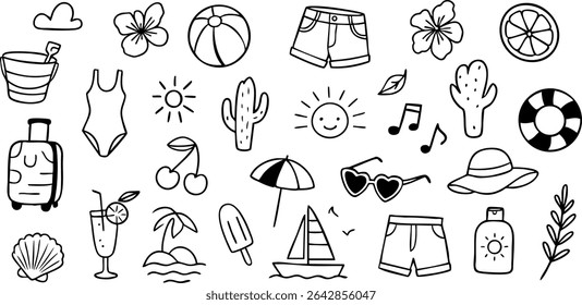 Collection of vector hand drawn summer icons including beach items, food, travel symbols, and holiday elements in black outline style on transparent background