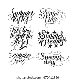Collection with vector hand drawn summer quotes. Handwritten with ink and brush pen. Love summer lettering collection for print, greeting cards and photo overlays.