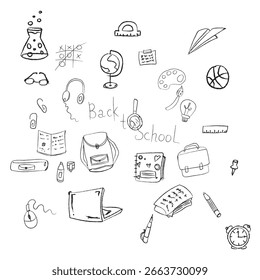 Colección de símbolos dibujados a mano de Vector. Volver a la escuela. Estudia bocetos.