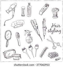 Collection of  Vector hand drawn Tools for make-up and hairstyle.