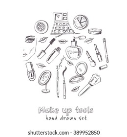 Collection of  Vector hand drawn Tools for make-up. Vector illustration of for design and packages product. 