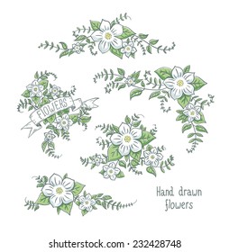 Collection of vector hand drawn white flowers compositions isolated on white.