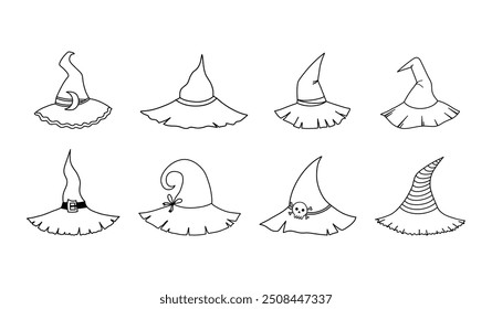 Collection vector hand drawn witch hat line. Doodle icons of witch hats for Halloween and Christmas.